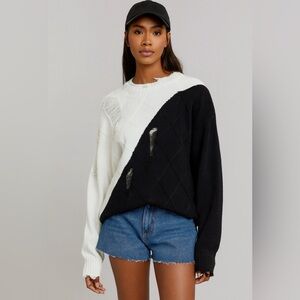 NWT Decker Knit Distressed Womens Sweater S Black White Cold Shoulder Oversized